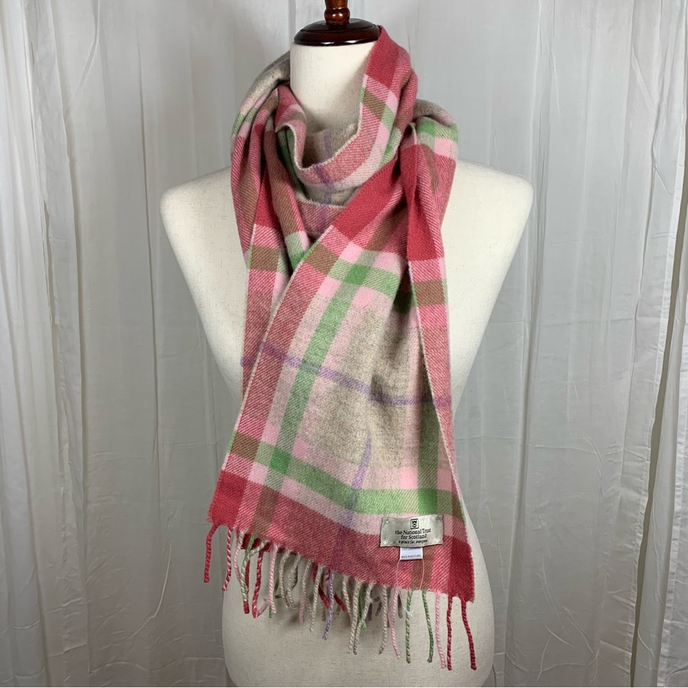 The National Trust for‎ Scotland 100% Lambswool Plaid Scarf Pink Green Lilac